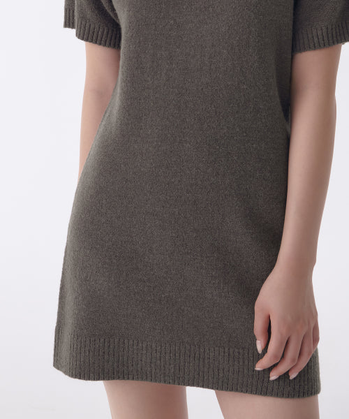 우먼즈 크루 넥 니트 미니 드레스 [카키 브라운]