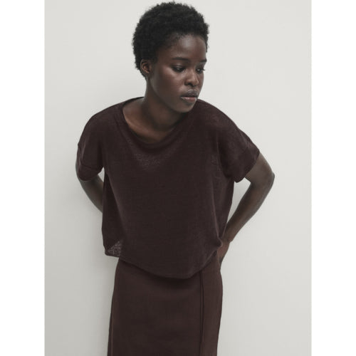 100% 린넨 쇼트 슬리브 크롭 티셔츠