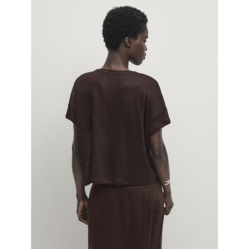 100% 린넨 쇼트 슬리브 크롭 티셔츠