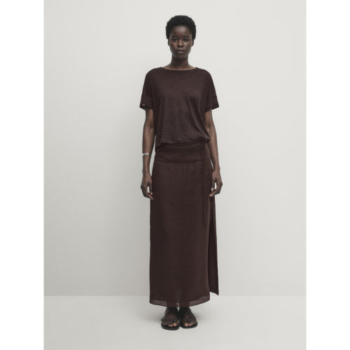 100% 린넨 쇼트 슬리브 크롭 티셔츠