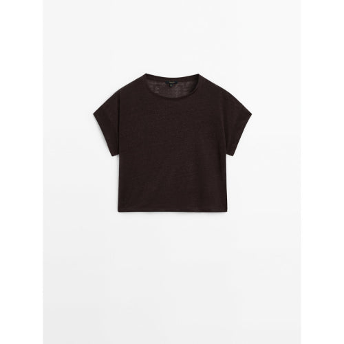 100% 린넨 쇼트 슬리브 크롭 티셔츠