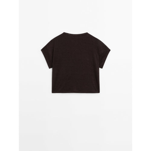 100% 린넨 쇼트 슬리브 크롭 티셔츠