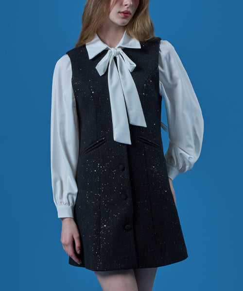 트위드 스팽글 레이어드 버튼 미니원피스 [BLACK] KCL.