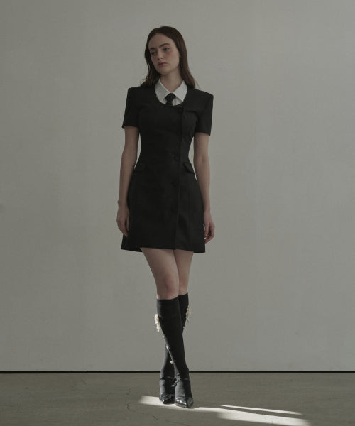 젠 라운드 넥 하프슬리브 수트 자켓 드레스 - 블랙